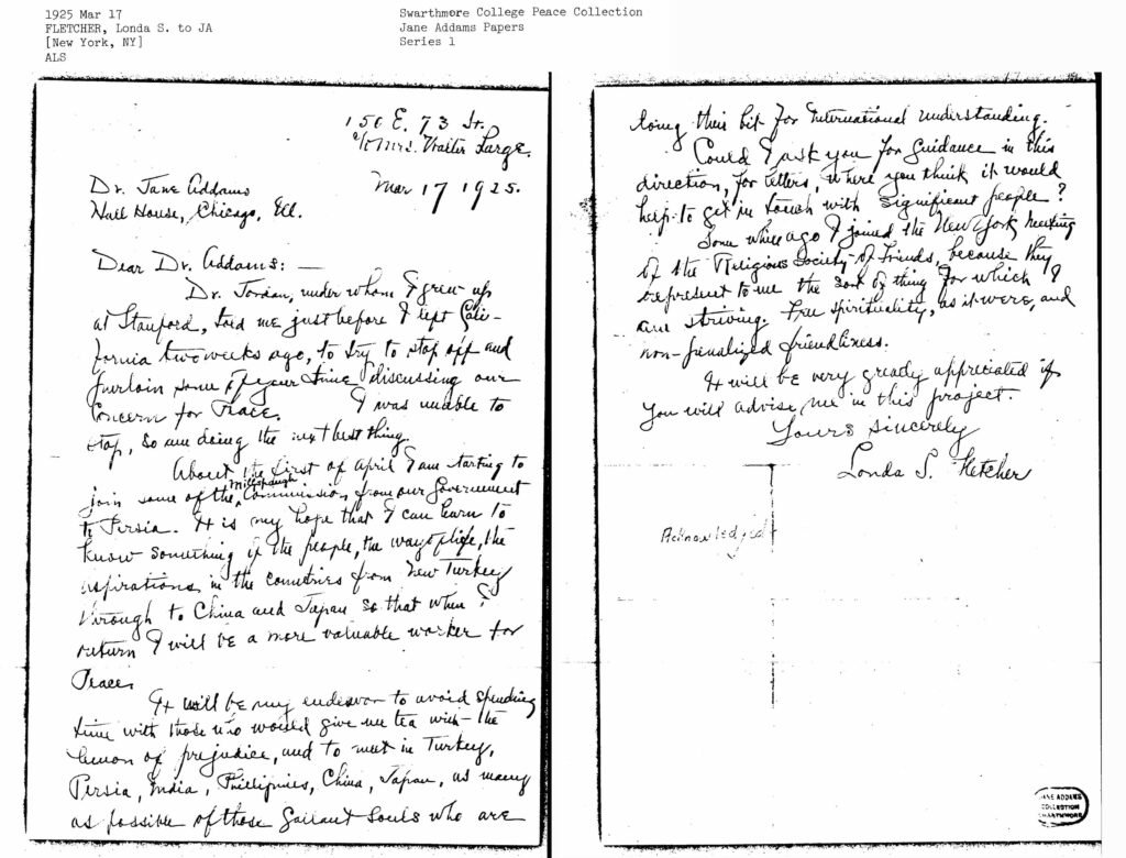 Londa Stebbins Fletcher Letter to Jane Addams